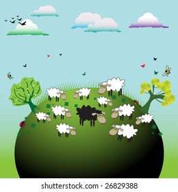 Abstract colorful illustration with clouds, small butterflies, trees, small bees and herd of sheep. One black sheep between herd of white sheep