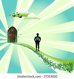 Abstract colorful illustration with clouds, wild ducks flying, a path with green plants leading to a wooden door and a male silhouette  walking towards the door. Door to paradise