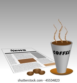 Abstract colorful illustration with coffee beans, newspaper and cup of coffee. Starting the morning