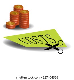 Abstract colorful illustration with coin stack and scissors cutting a paper on which is written the word costs. Cutting costs concept