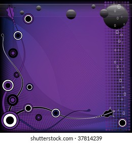 Abstract colorful illustration with colored circles, black bubbles, thin stripes, dots and abstract plant shapes