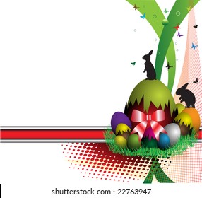Abstract colorful illustration with colored easter eggs, red banner, small butterflies and little bunny shapes
