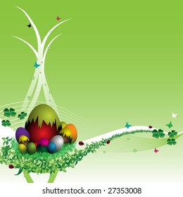Abstract colorful illustration with colored easter eggs, small butterflies and four leaf clovers