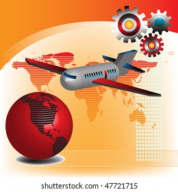 Abstract colorful illustration with colored gears, plane and red globe. Traveling concept