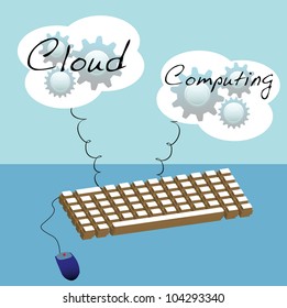 Abstract colorful illustration with computer keyboard connected to some clouds. Cloud computing concept