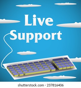 Abstract colorful illustration with a computer keyboard connected to the text live support