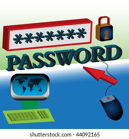 Abstract colorful illustration with computer, padlock, mouse, red cursor and the word password written with capital letters