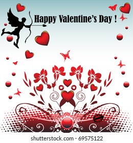 Abstract colorful illustration with cupid flying and launching arrows, butterflies and red flowers. Valentine's day greeting