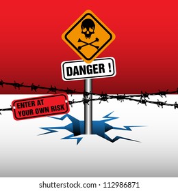 Abstract colorful illustration with danger sign coming out from an ice crack