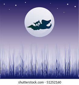 Abstract colorful illustration with dark owl silhouette illuminated by the light of the moon