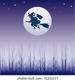 Abstract colorful illustration with dark witch silhouette illuminated by the light of the moon