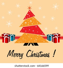 Abstract colorful illustration with decorated Christmas tree and small gift boxes