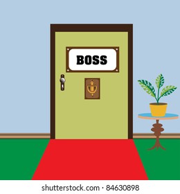 Abstract colorful illustration with a door on which is written the word boss