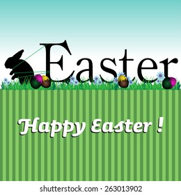Abstract colorful illustration with Easter bunny pulling the word Easter. Easter card concept