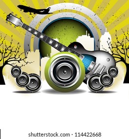 Abstract colorful illustration with electric guitar, loudspeakers and building shapes. Urban party concept