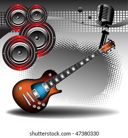 Abstract colorful illustration with electric guitar, loudspeakers and microphone. Concert theme