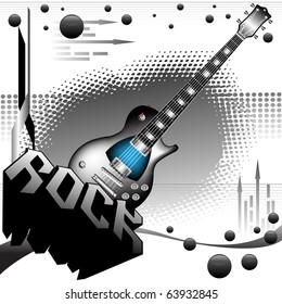 Abstract colorful illustration with electric guitar, black bubbles, abstract arrows and the word rock written with huge letters. Rock music theme