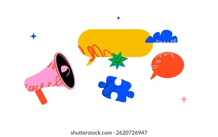 Abstract and colorful illustration featuring a megaphone, various speech bubbles, a star, a puzzle piece and a cloud. A design template for ads, sharing ideas, communication, and solutions.