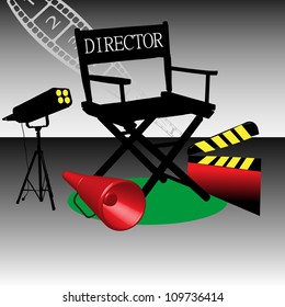 Abstract colorful illustration with film director chair, clapboard, megaphone and stage lights. Film making concept