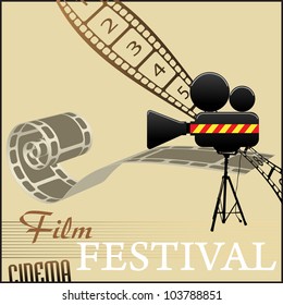 Abstract colorful illustration with film strips and movie camera