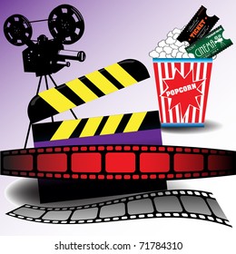 Abstract colorful illustration with colorful filmstrip, popcorn, cinema tickets, clapboard and movie projector. Cinema design