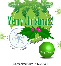 Abstract colorful illustration with fir branch, mistletoe and green Christmas ball