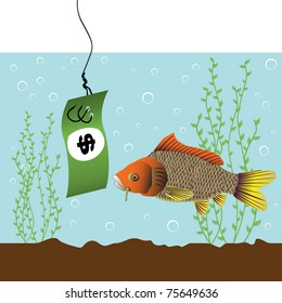 Abstract colorful illustration with fish watching a green dollar bill dropped in the water as a bait