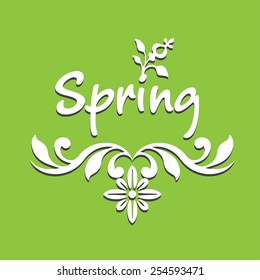 Abstract colorful illustration with floral decoration and the word spring written in white on a green background