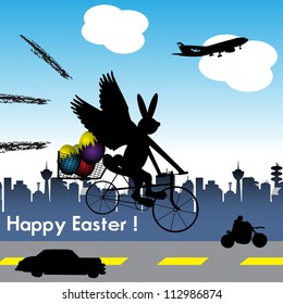 Abstract colorful illustration with a flying Easter rabbit landing with a bicycle in the city. Easter theme