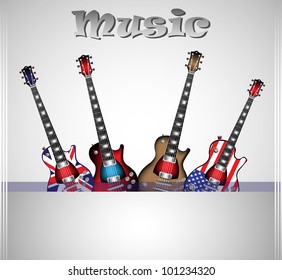Abstract colorful illustration with four different electrical guitars. Music theme