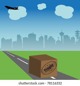 Abstract colorful illustration with a fragile box left in the middle of the highway somewhere far away from the city