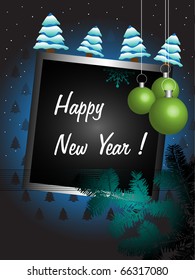 Abstract colorful illustration with frame decorated with small fir trees, fir branch and green Christmas balls hanging. New Year theme