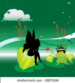 Abstract colorful illustration with frog wearing a crown, fairy sitting on a huge  water lily, cane, cloud and blue bubbles
