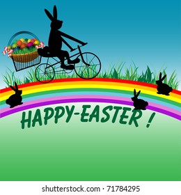 Abstract colorful illustration with a funny bunny riding his bicycle on a rainbow bringing colored easter eggs to the people