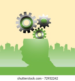 Abstract colorful illustration with gears coming out from a man's head. Thinking concept