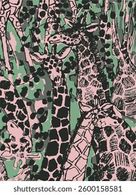 Abstract colorful illustration of giraffes,geomatric pattern,seamless pattern.