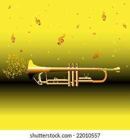 Abstract colorful illustration with golden trumpet and musical notes