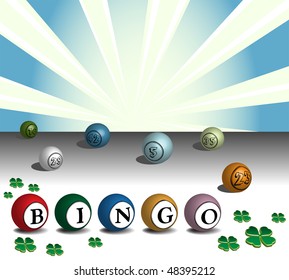Abstract colorful illustration with green clovers and colored bingo balls. Gambling concept