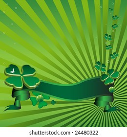 Abstract colorful illustration with green ribbon and green clovers. St. Patrick's Day theme