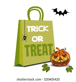 Abstract colorful illustration with green shopping bag with the text trick or treat isolated on a white background. Halloween shopping theme