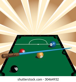 Abstract colorful illustration with green snooker table, colorful balls and cue