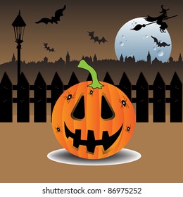 Abstract colorful illustration with Halloween pumpkin, spiders, black fence, bats and a creepy witch flying on a broom