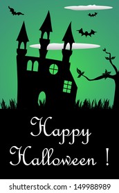 Abstract colorful illustration with haunted castle, bats and a solitary tree. Halloween concept
