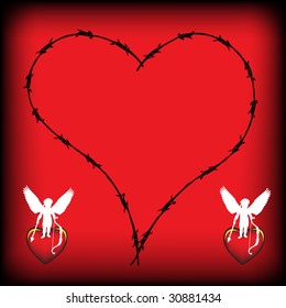 Abstract colorful illustration with heart shape made from barbed wire and two cupid silhouettes standing on red hearts