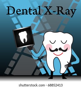 Abstract colorful illustration with a huge tooth holding an x-ray with a tooth