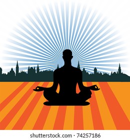 Abstract colorful illustration with human silhouette practicing yoga in front of a city. Yoga meditation concept