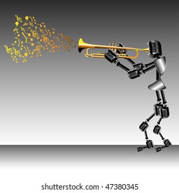 Abstract colorful illustration with humanoid silhouette made from microphones and playing at a golden trumpet