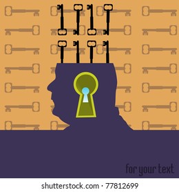 Abstract colorful illustration with keys coming out from a human head and a massive keyhole going through his head