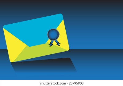 Abstract colorful illustration with letter colored in yellow and blue, sealed with a blue seal