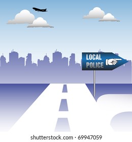 Abstract colorful illustration with local police sign showing the right direction